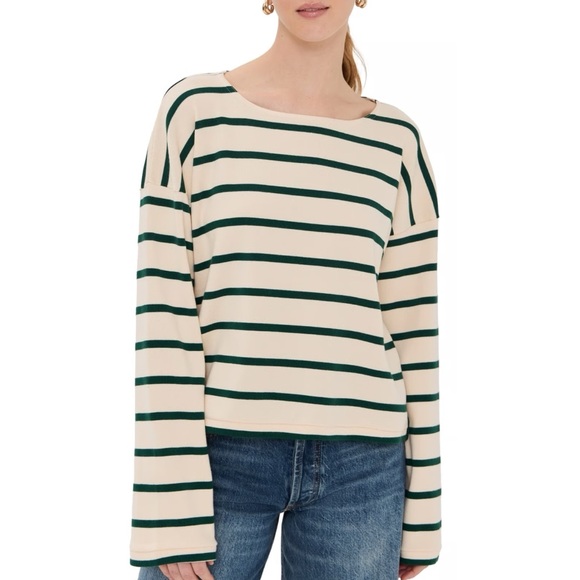 La Ligne Tops - LA LIGNE Long Sleeve Breton Tee Shirt Ecru Cream Green Striped Size Medium
